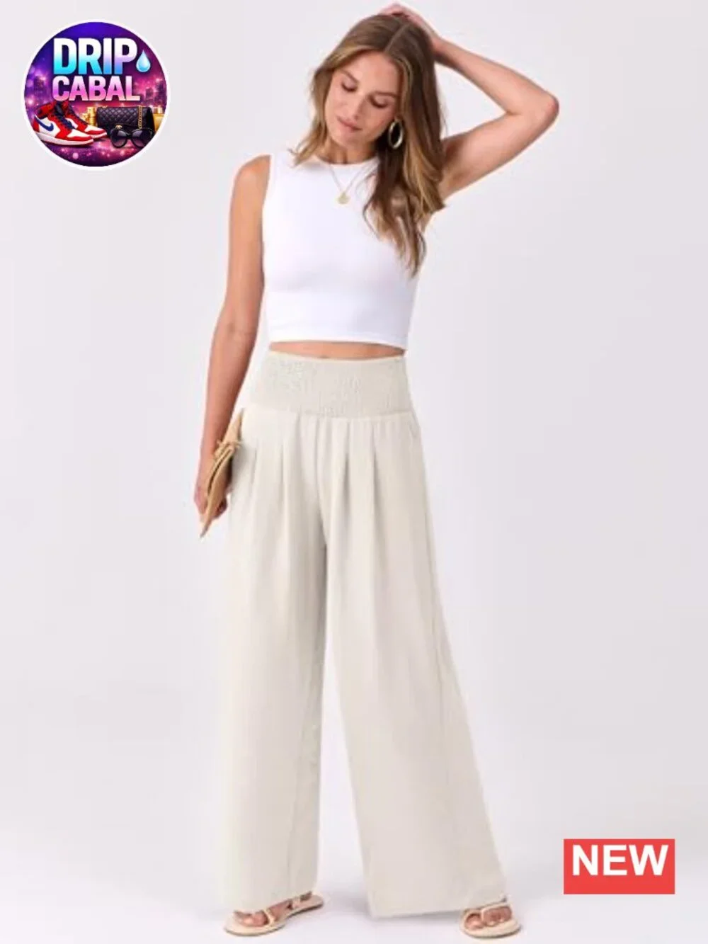 Women Wide Leg Palazzo Pants with Pockets Smocked High Waist Loose Fit Casual